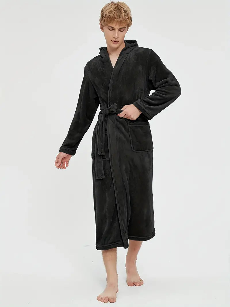 Men's hooded fleece bathrobe, charcoal