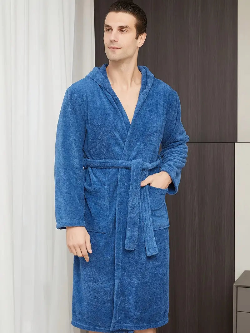 Men's blue hooded fleece bathrobe Image