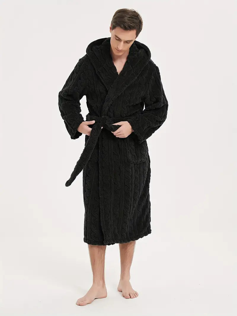 Men's hooded winter fleece bathrobe