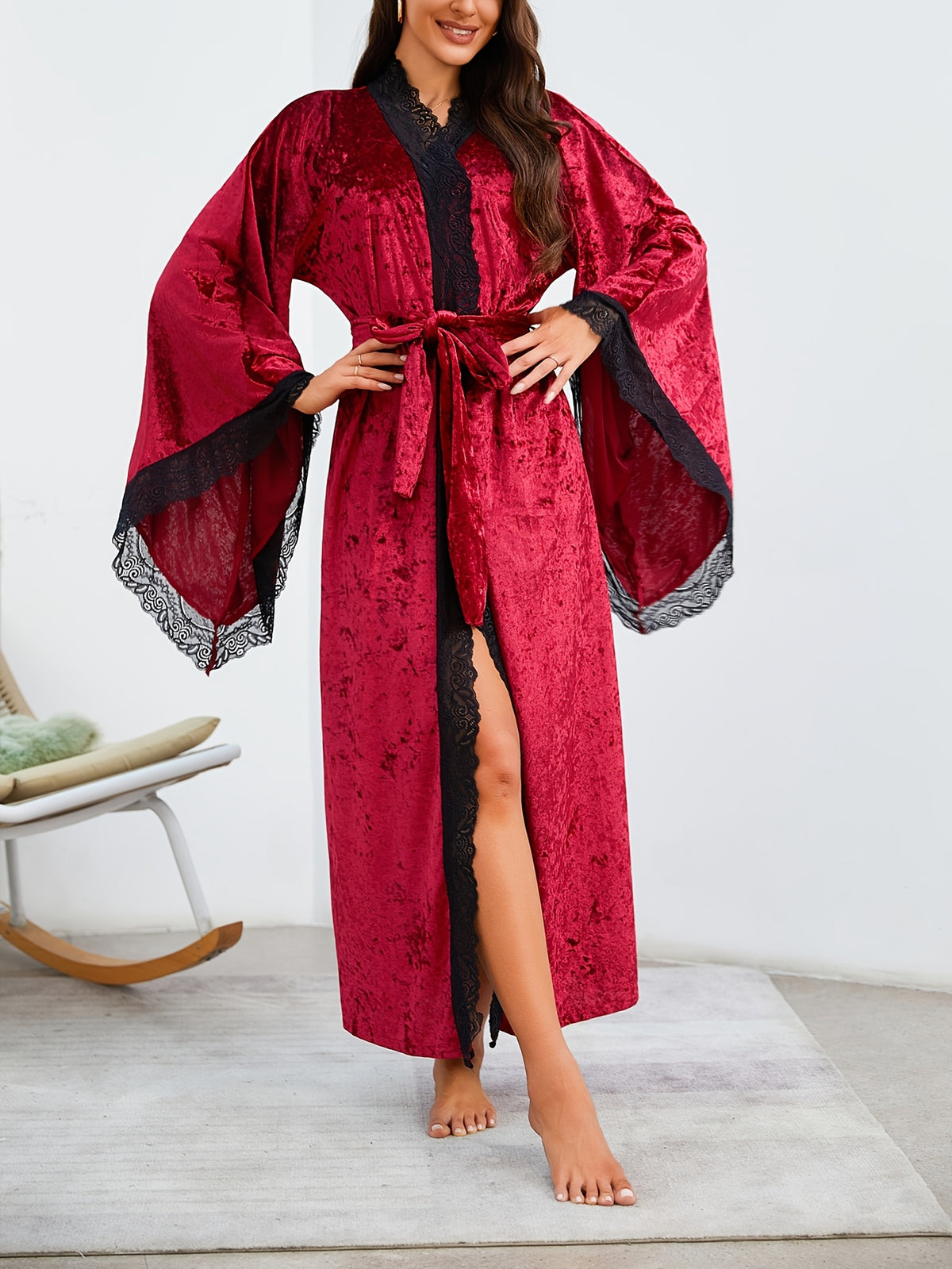 Women's burgundy velvet dressing gown with flared sleeves