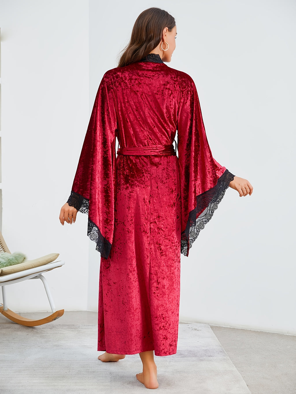 Women's burgundy velvet dressing gown with flared sleeves