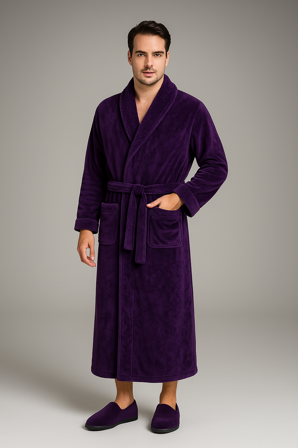 Men's long thick fleece bathrobe, luxury — Purple