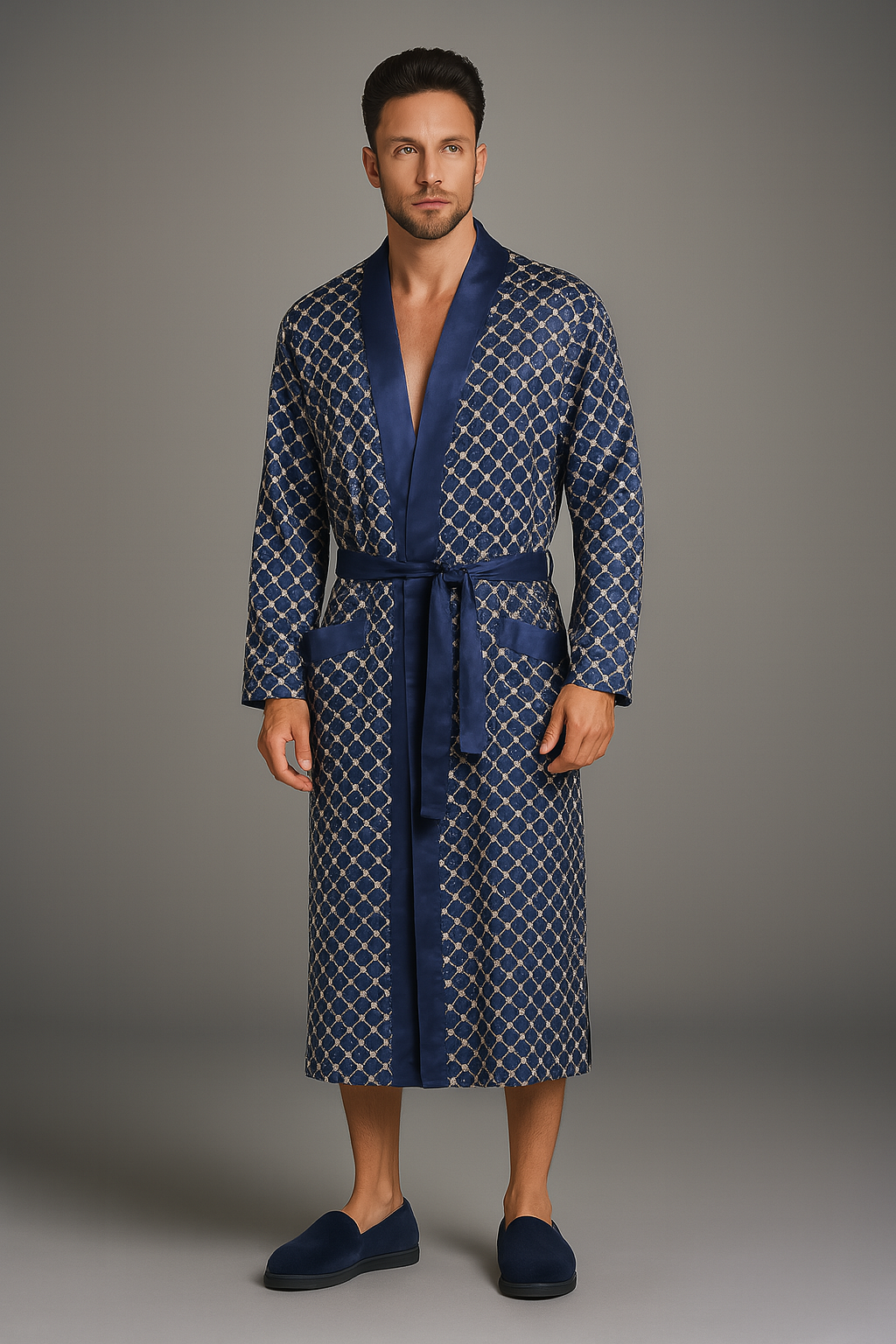 Men's long navy satin dressing gown — Navy