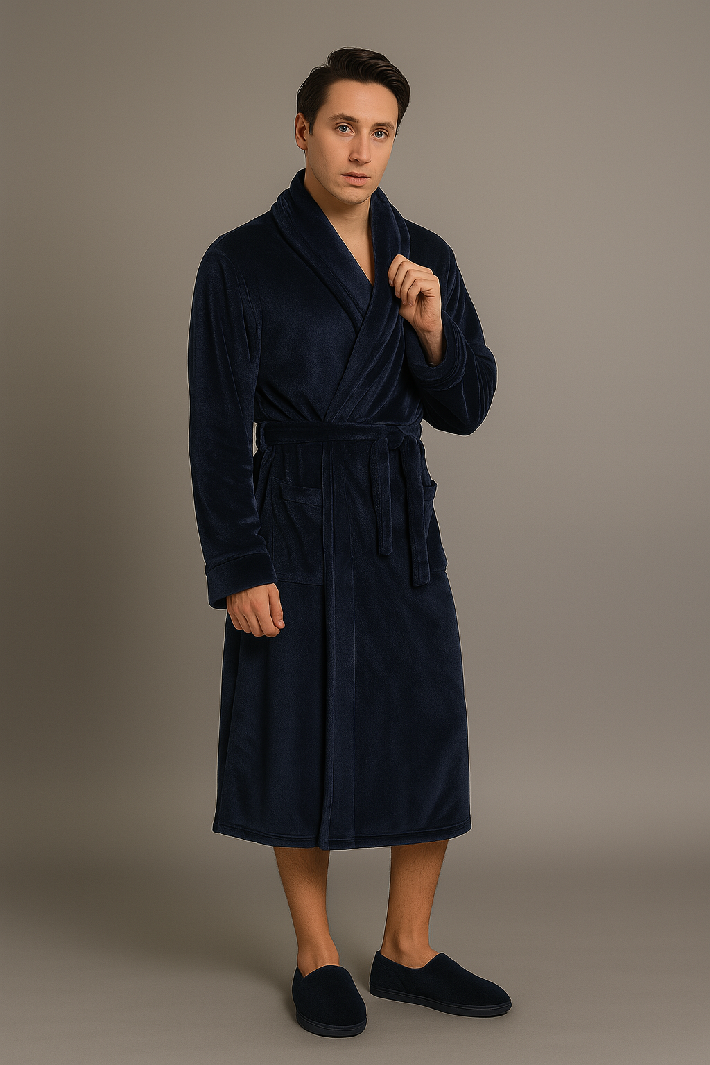 Men's warm fleece towelling bathrobe — Navy Image