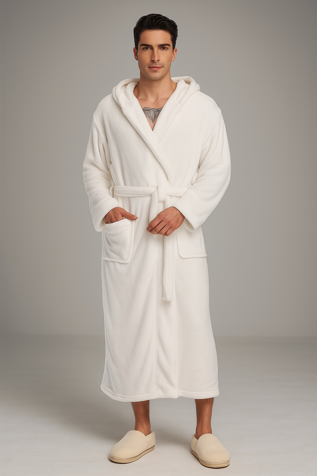 Men's comfortable hooded fleece bathrobe — White