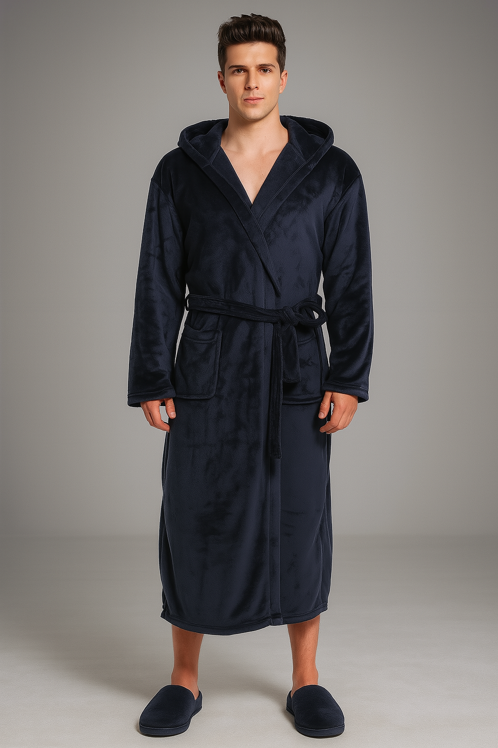 Men's comfortable hooded fleece bathrobe — Navy
