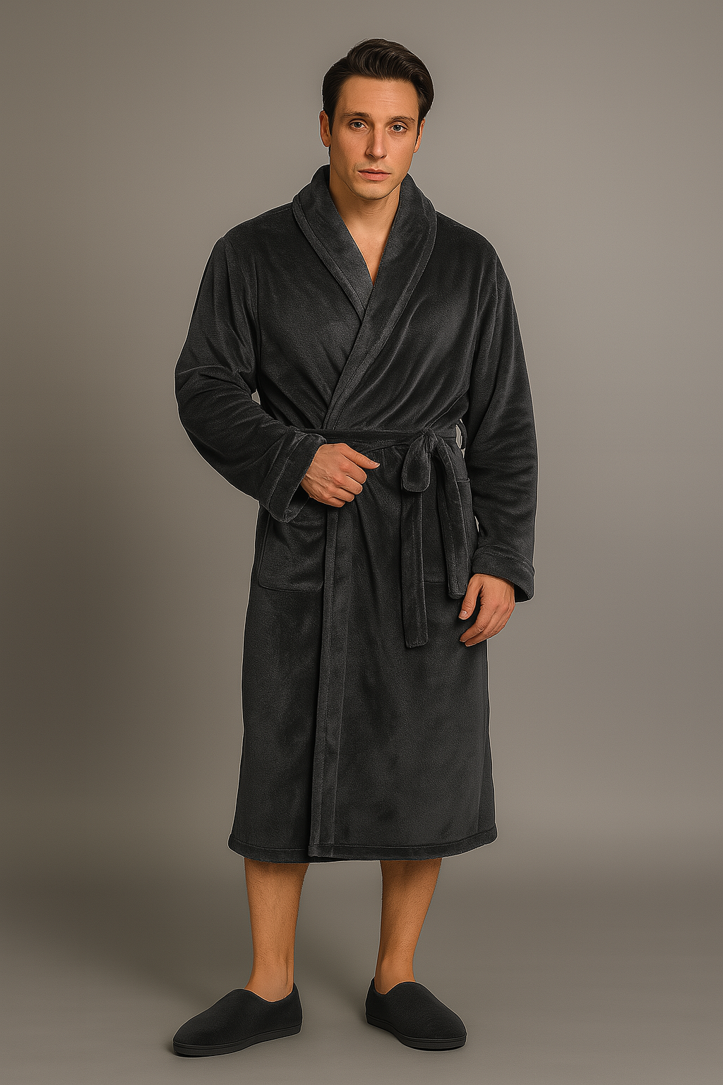 Men's warm fleece towelling bathrobe — Grey