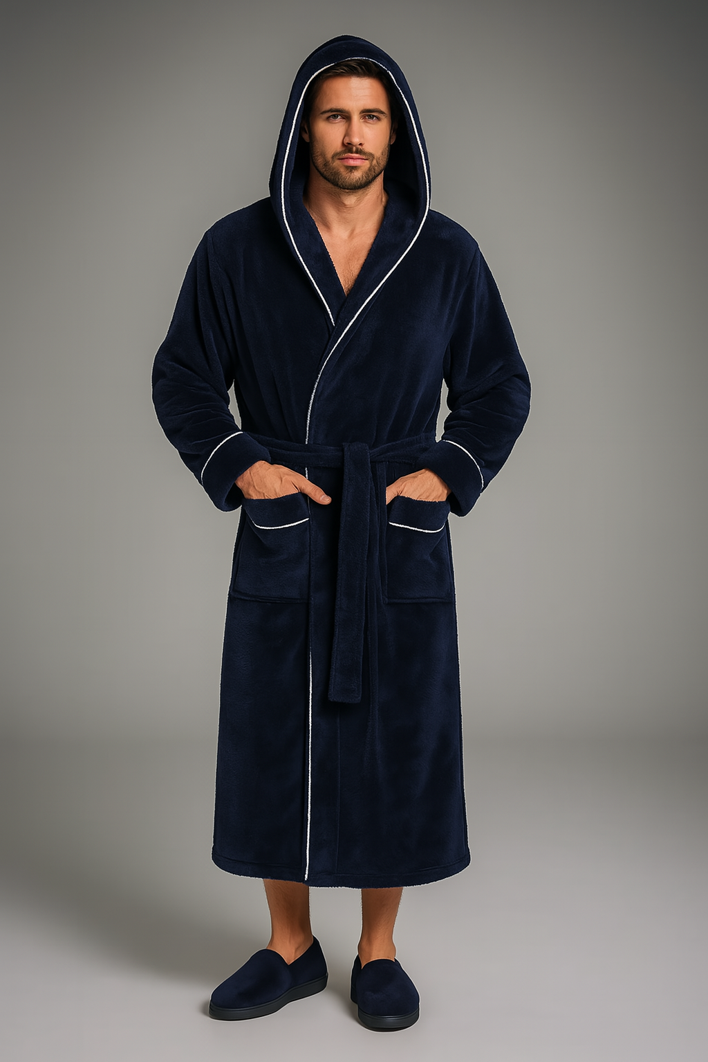 Men's thick hooded fleece bathrobe — Navy