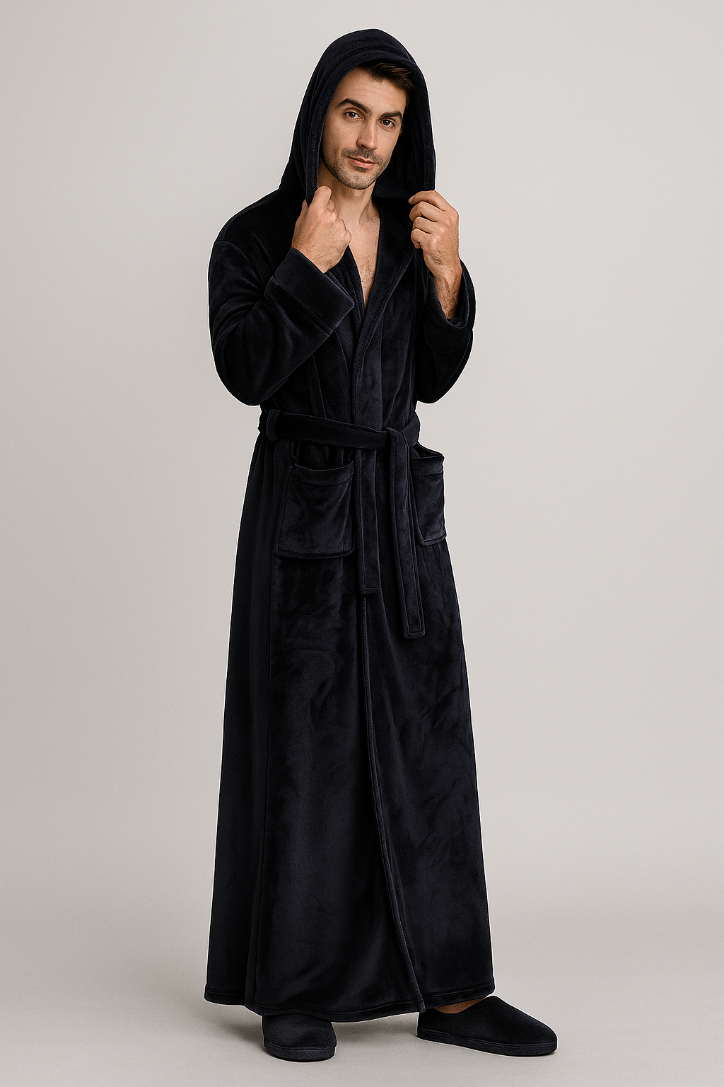 Soft long hooded fleece bathrobe — Navy