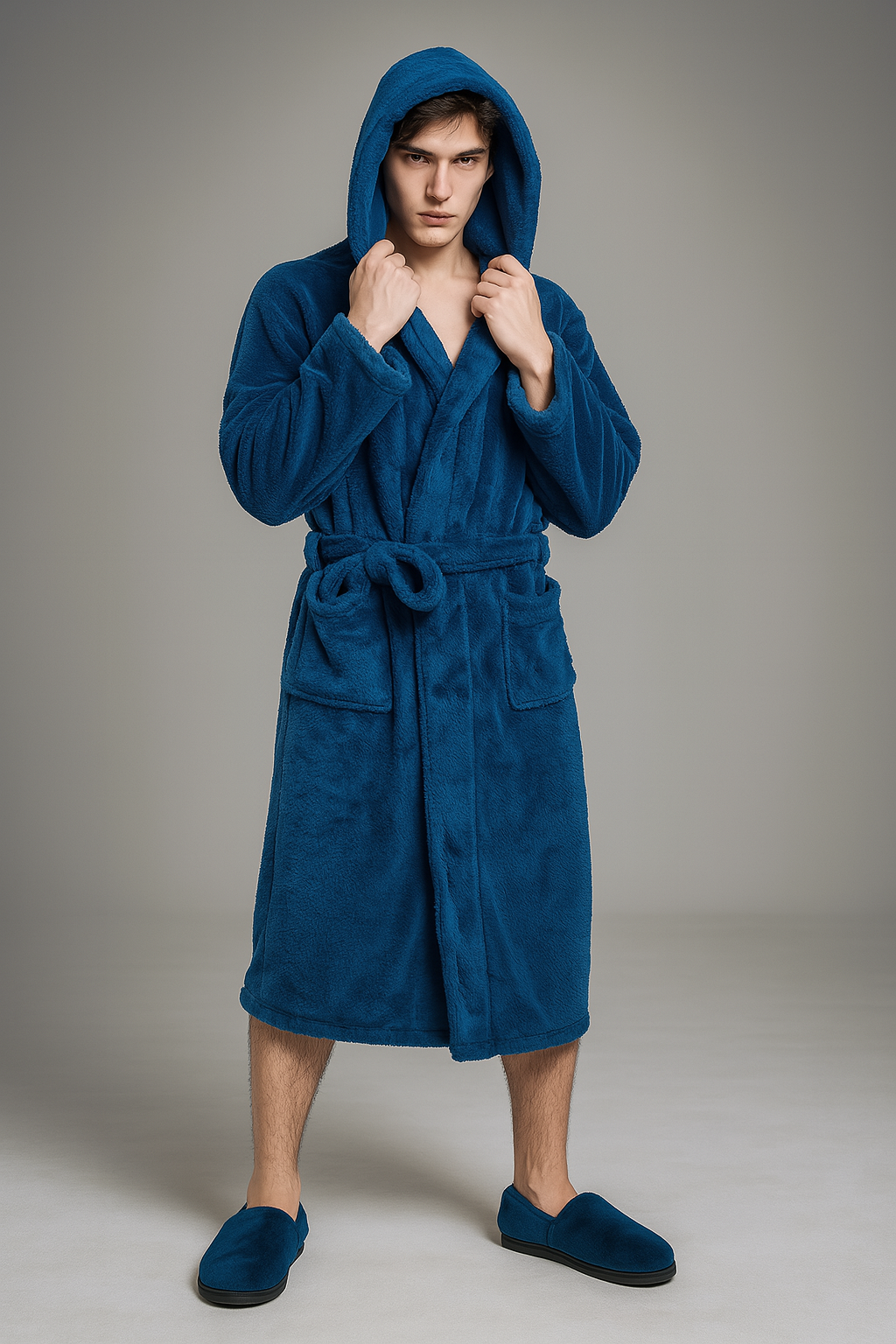 Men's soft warm hooded towelling bathrobe — Navy