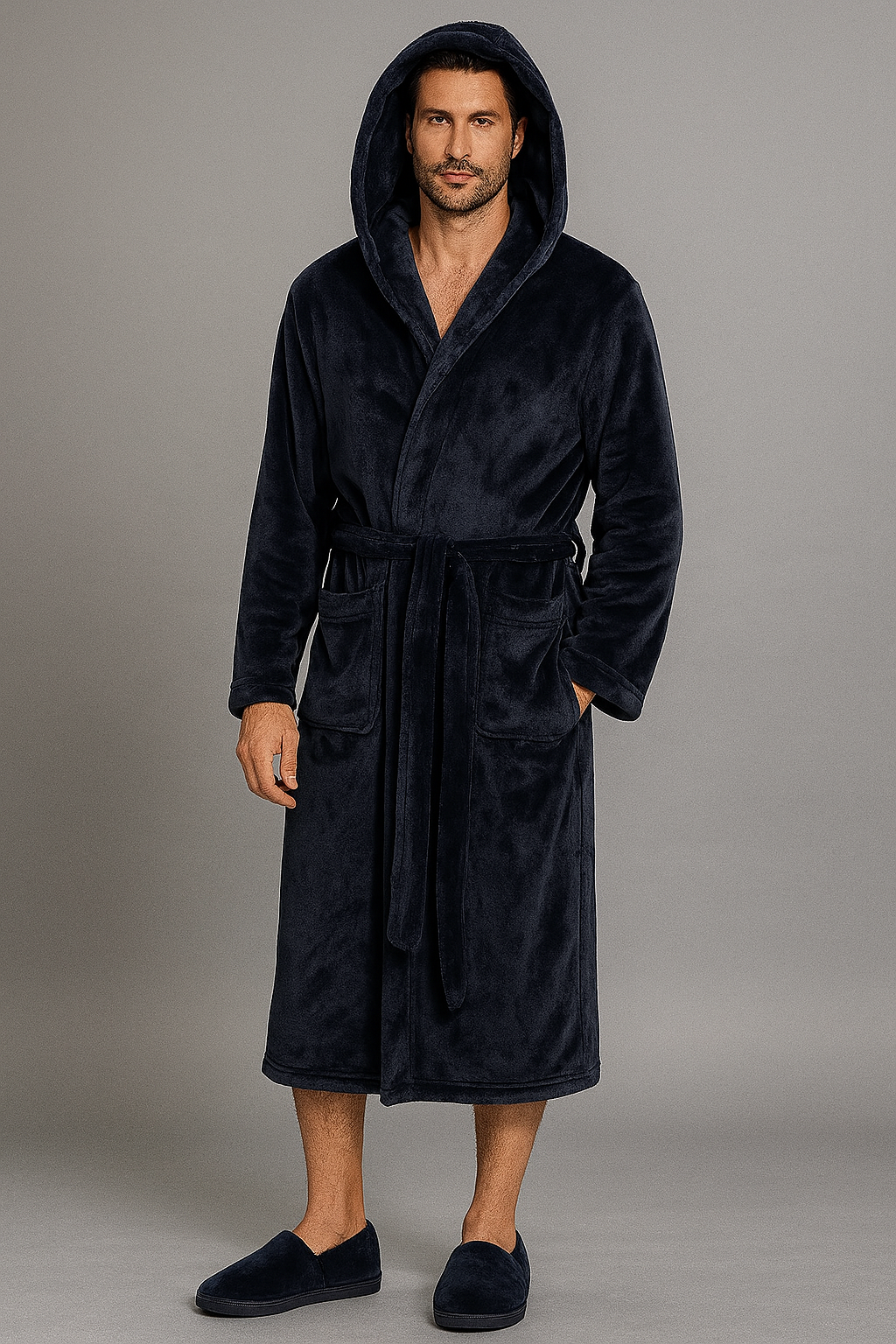 Men's thick hooded towelling bathrobe