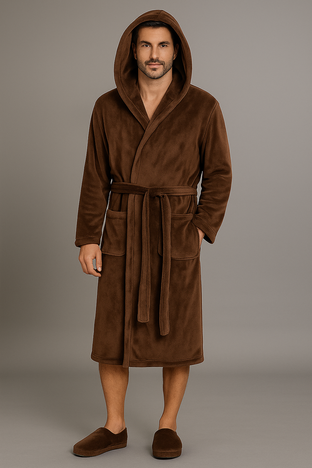 Men's thick hooded towelling bathrobe — Brown