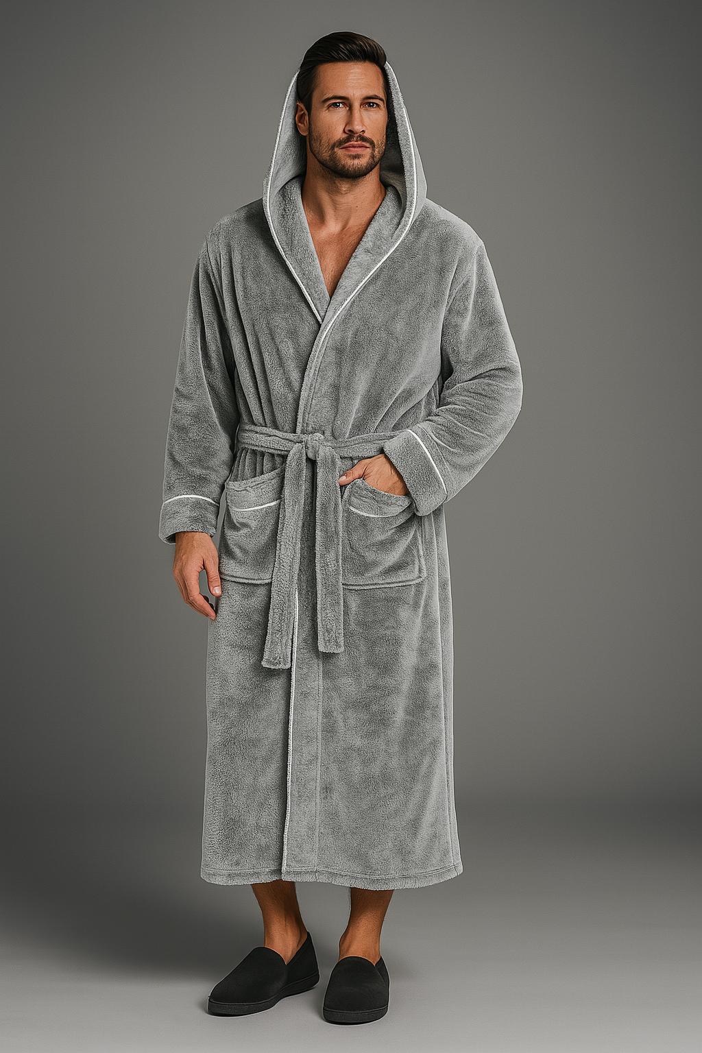Men's thick hooded fleece bathrobe — Grey