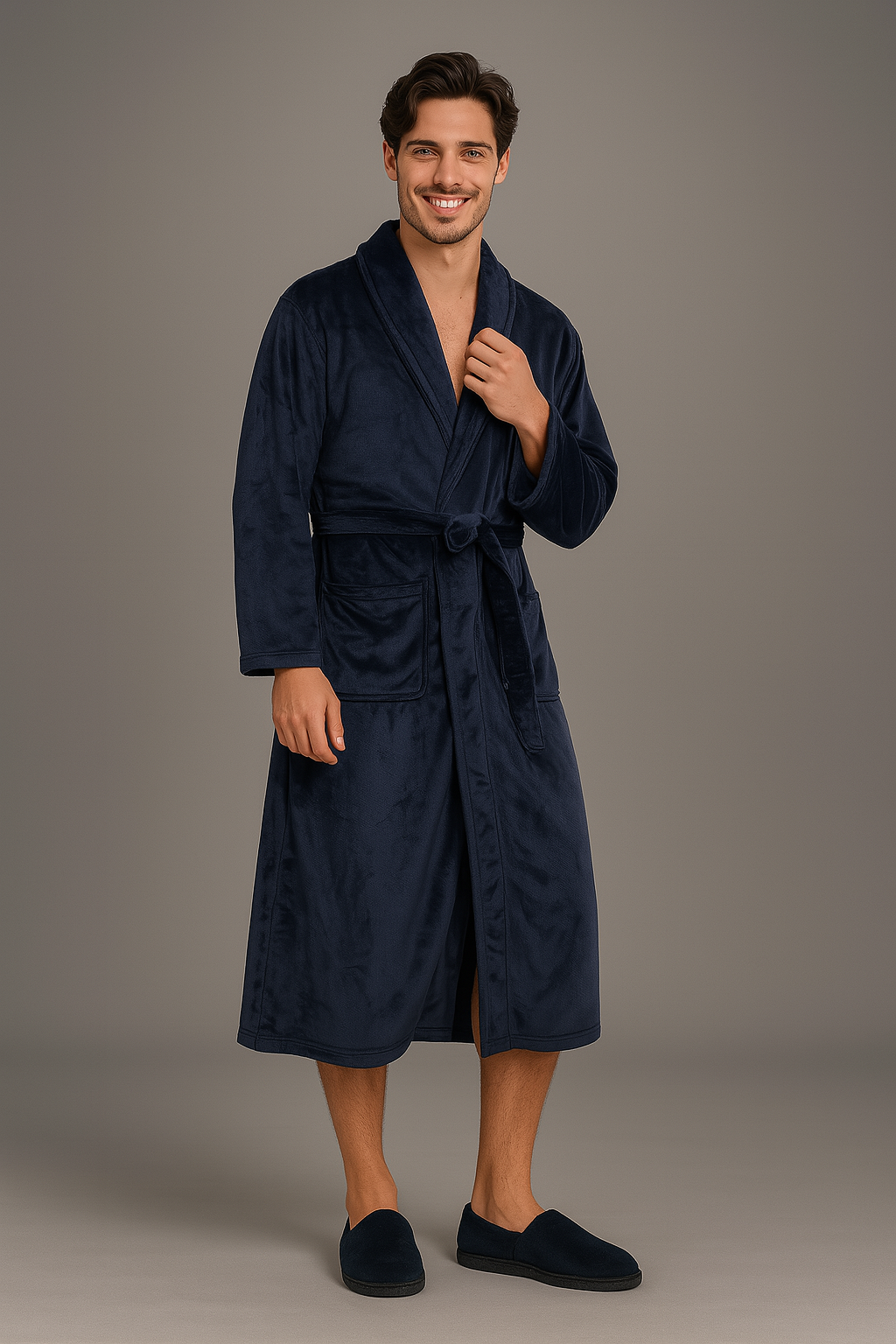 Men's long warm fleece bathrobe, plus size — Navy