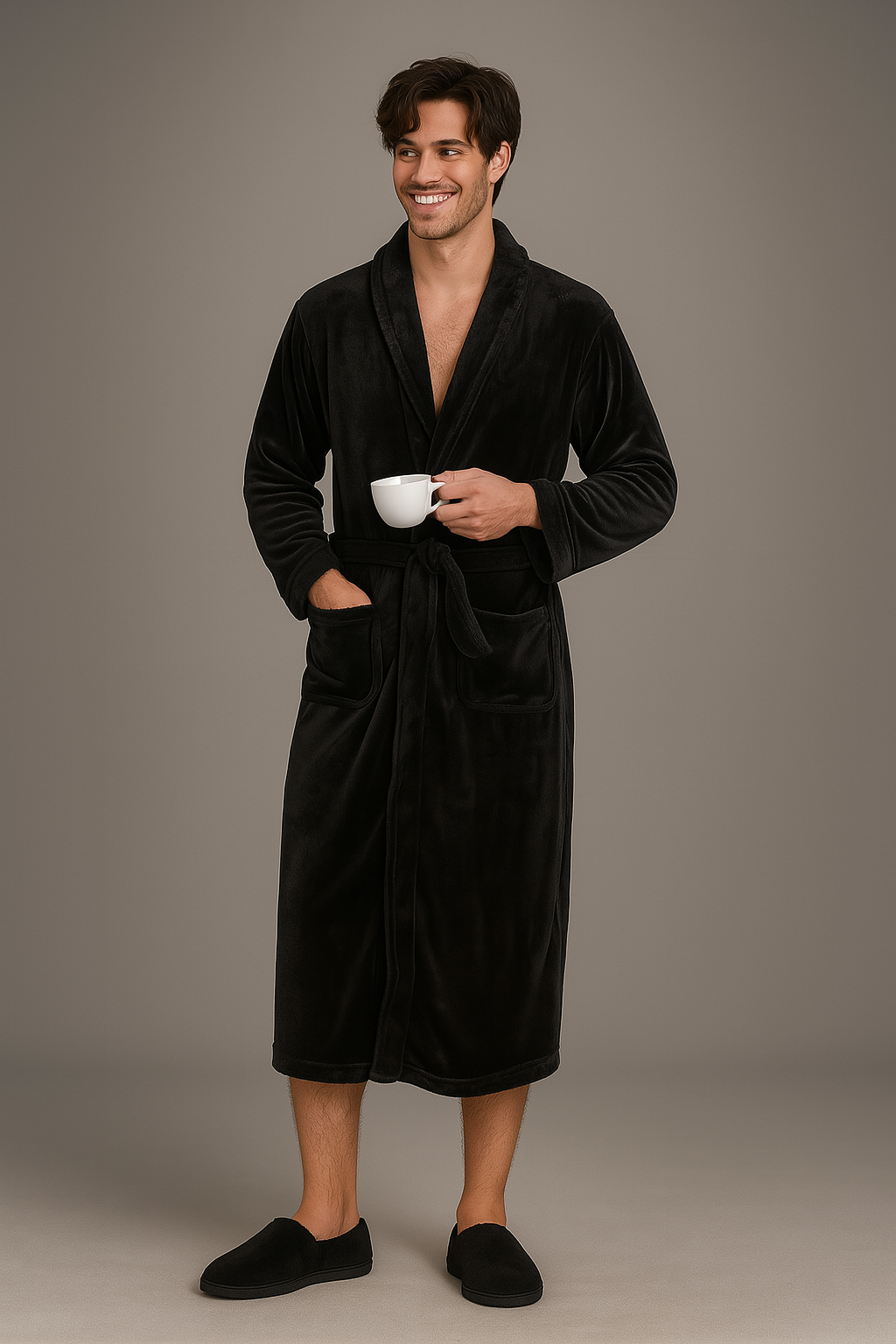 Men's long warm fleece bathrobe, plus size — Black Image