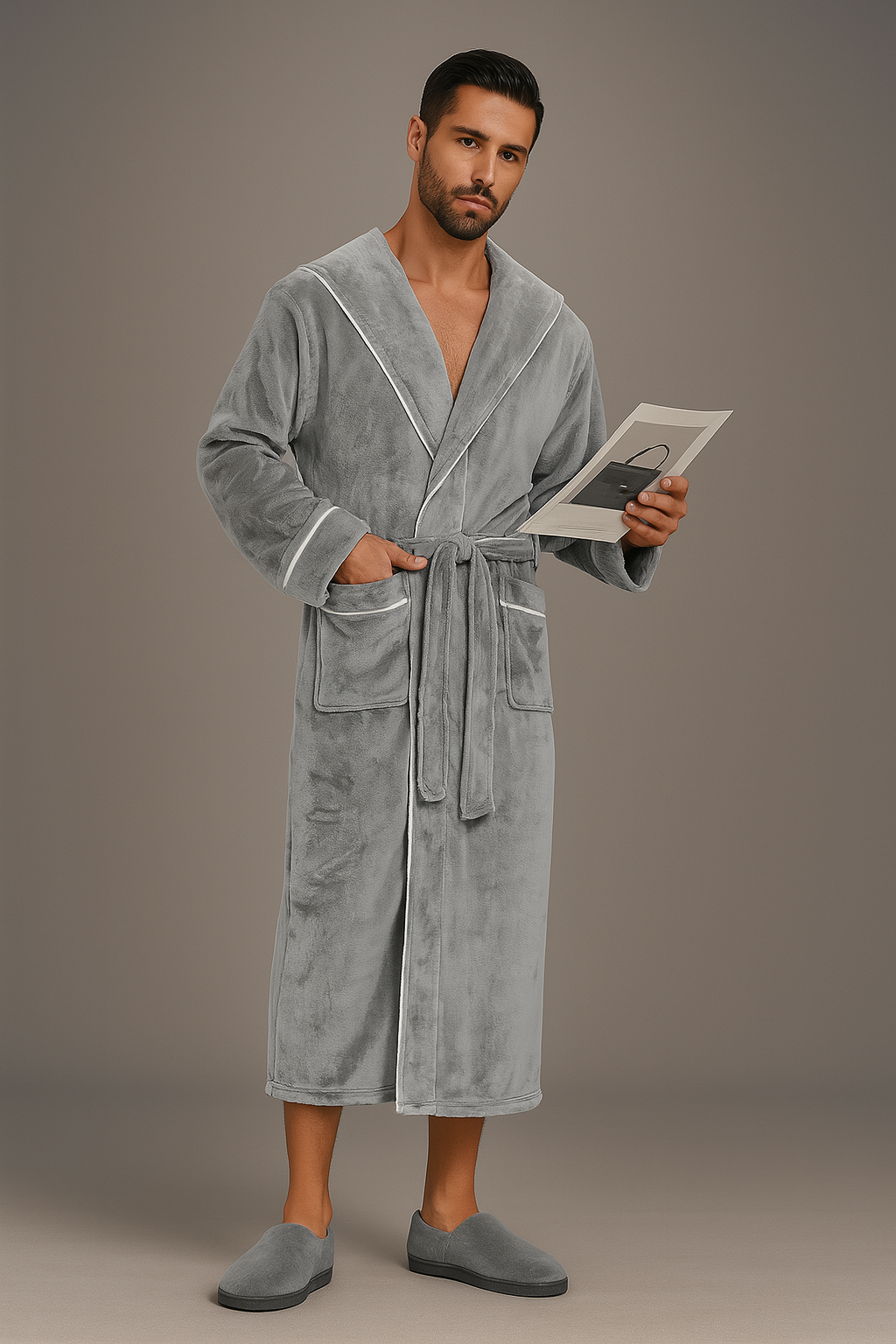 Men's warm hooded luxury bathrobe — Grey