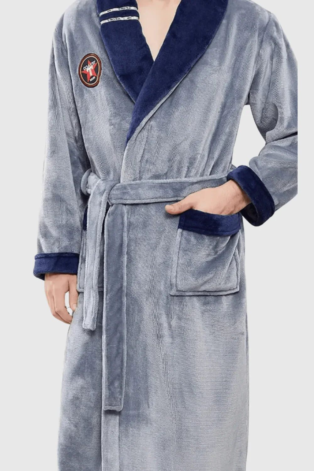Men's navy shawl collar cotton bathrobe, embroidered