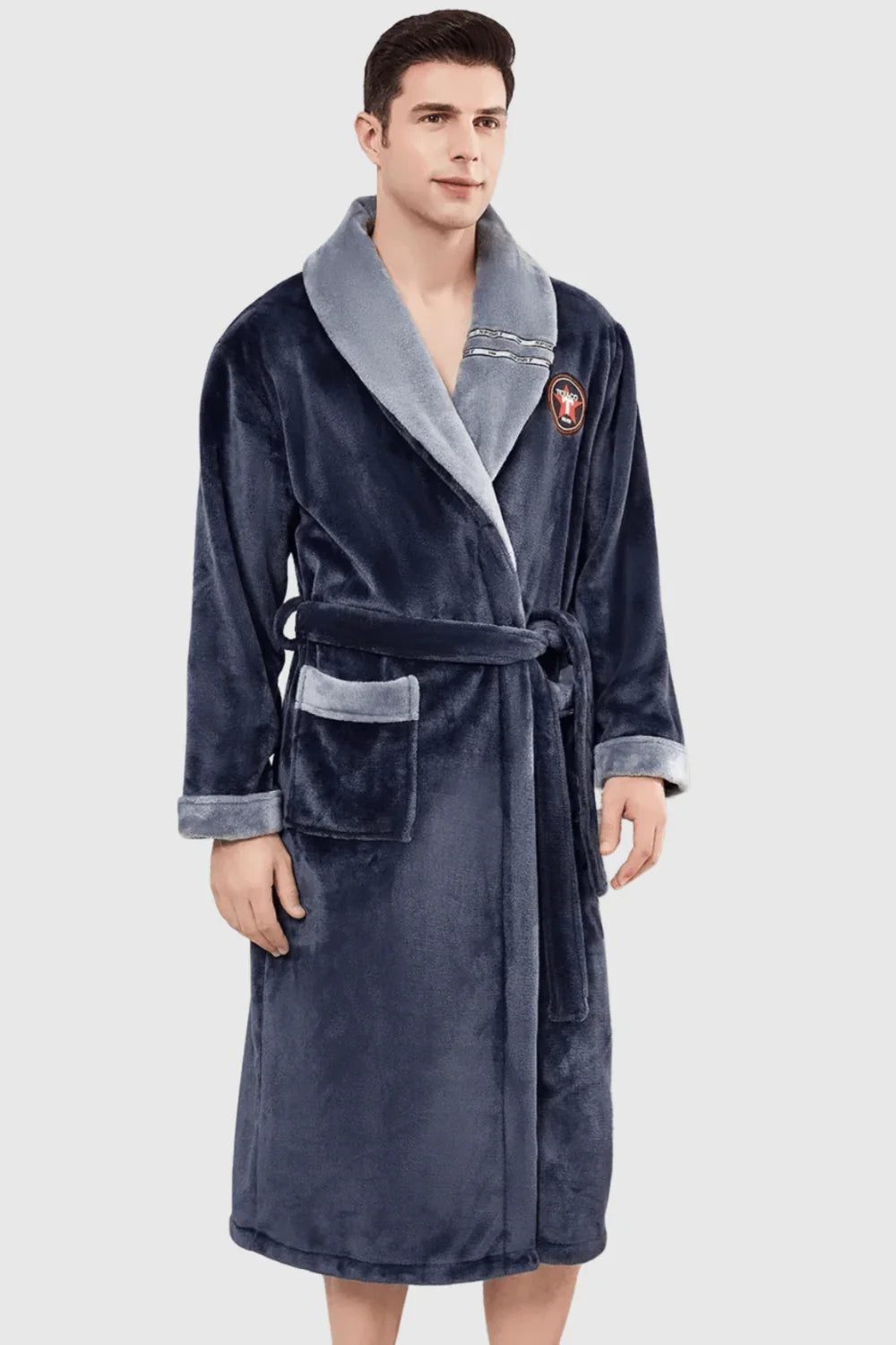 Men's navy shawl collar cotton bathrobe, embroidered — Dark grey Image