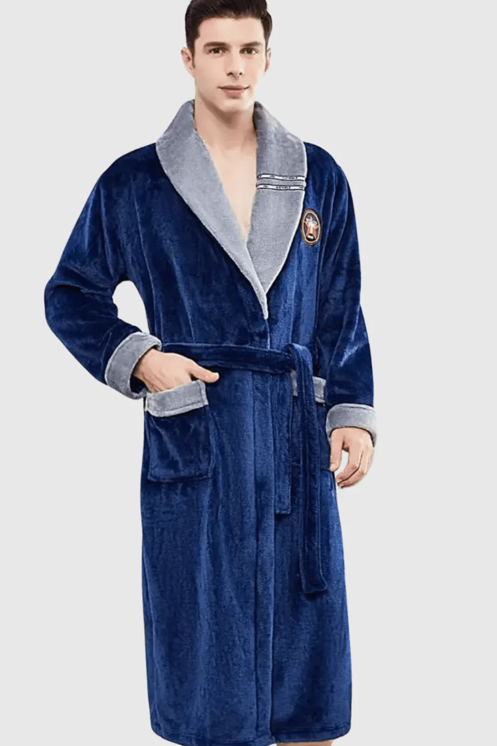 Men's navy shawl collar cotton bathrobe, embroidered — Blue