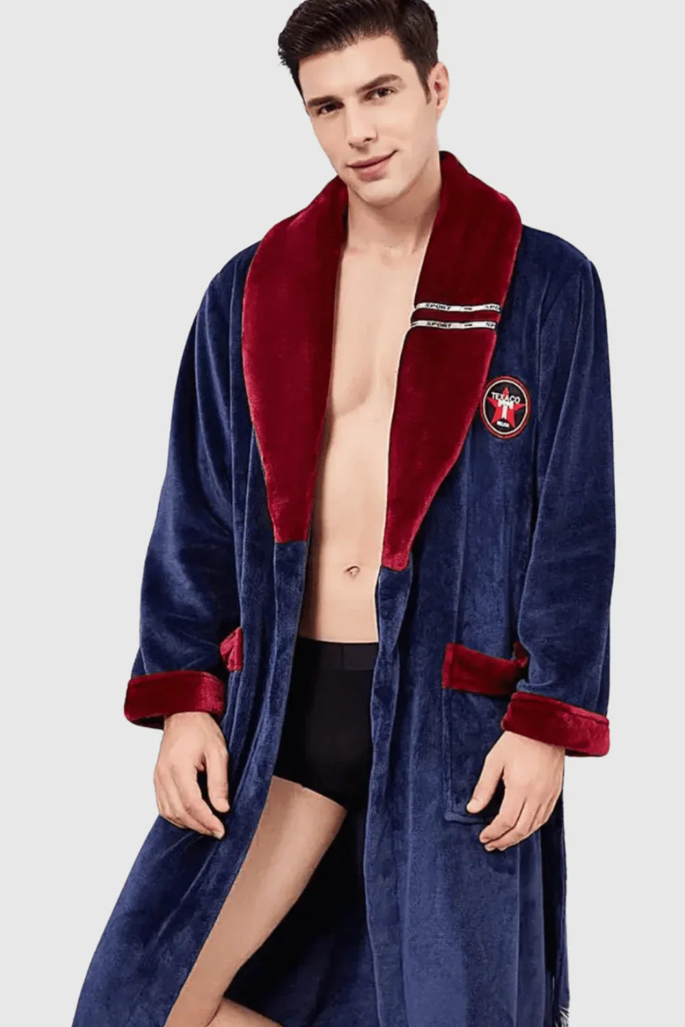 Men's navy shawl collar cotton bathrobe, embroidered — Navy