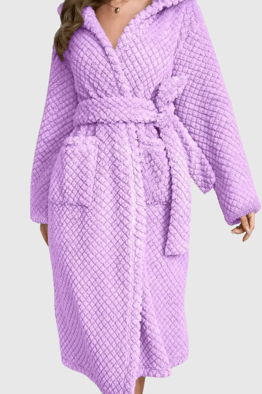 Women's long hooded fluffy towelling bathrobe — Purple