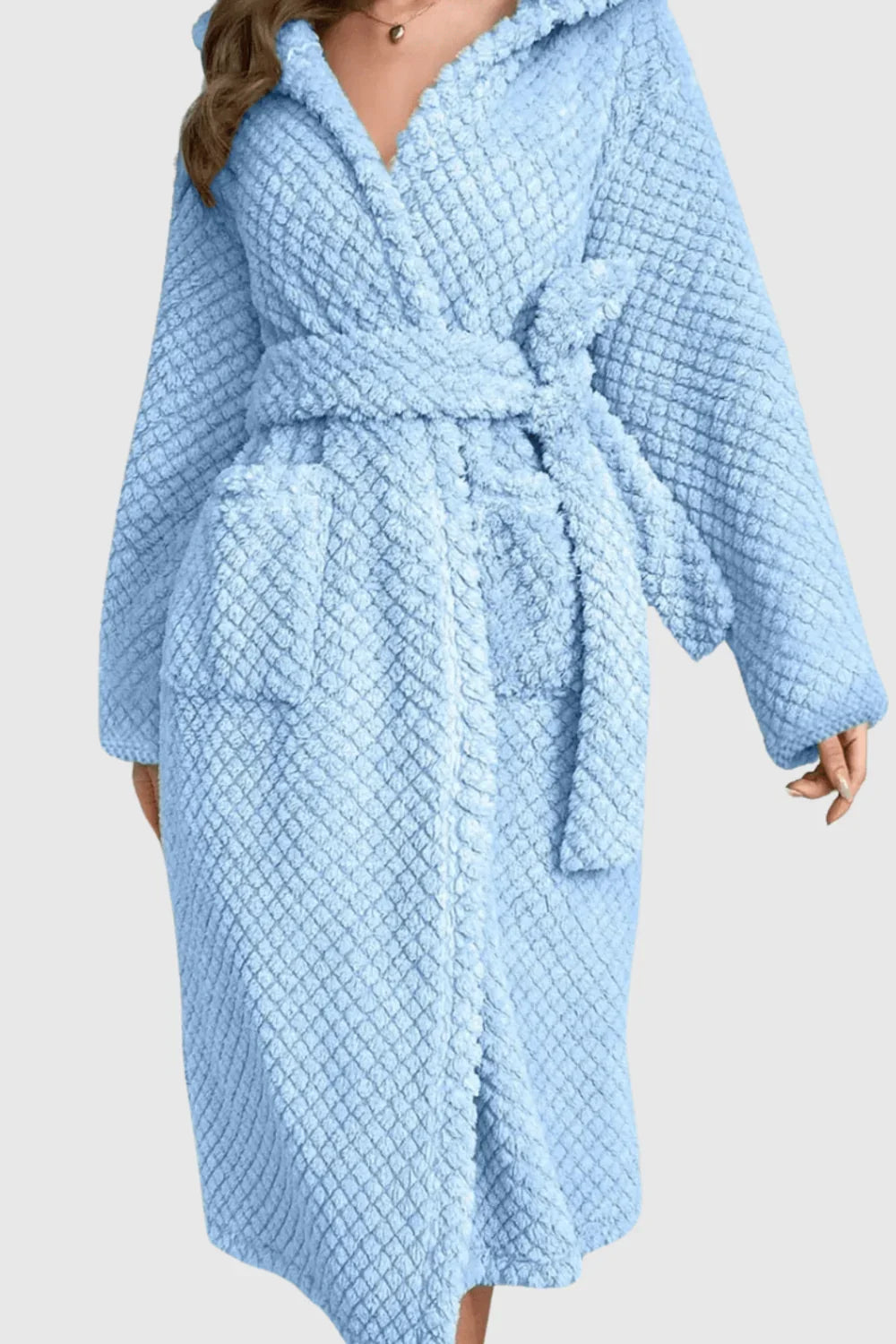 Women's long hooded fluffy towelling bathrobe — Light blue