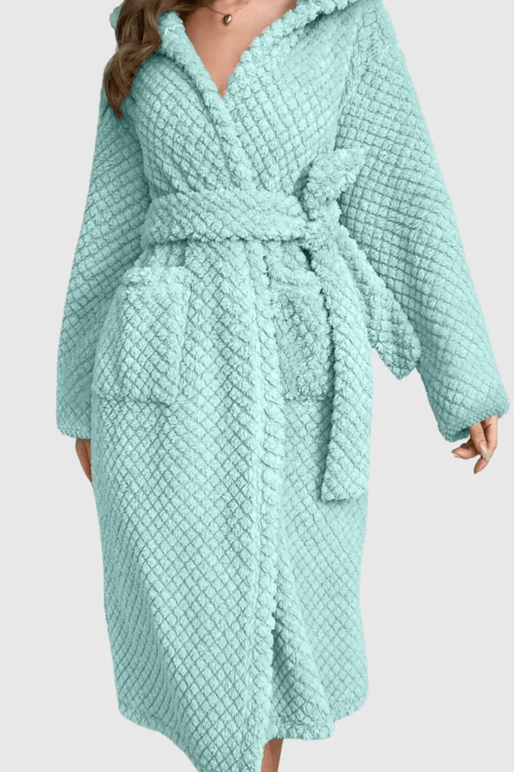 Women's long hooded fluffy towelling bathrobe — Turquoise