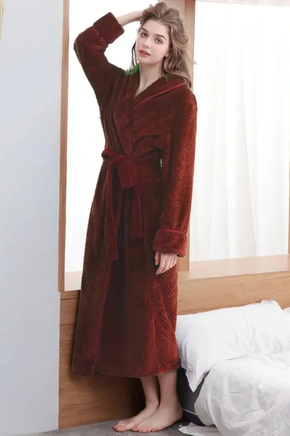 Women's long fluffy fleece dressing gown — Burgundy