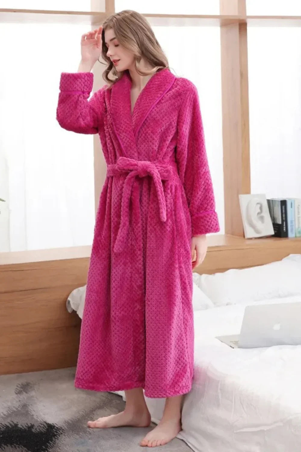 Women's long fluffy fleece dressing gown — Fuchsia
