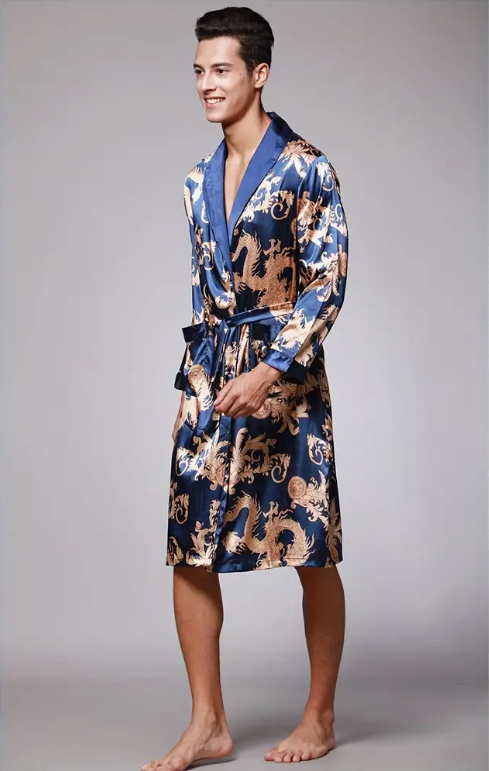 Men's blue dragon print kimono robe, plus size