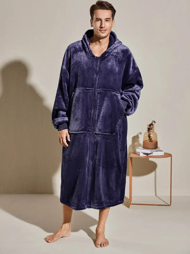 Men's hooded flannel bathrobe, one size — Blue