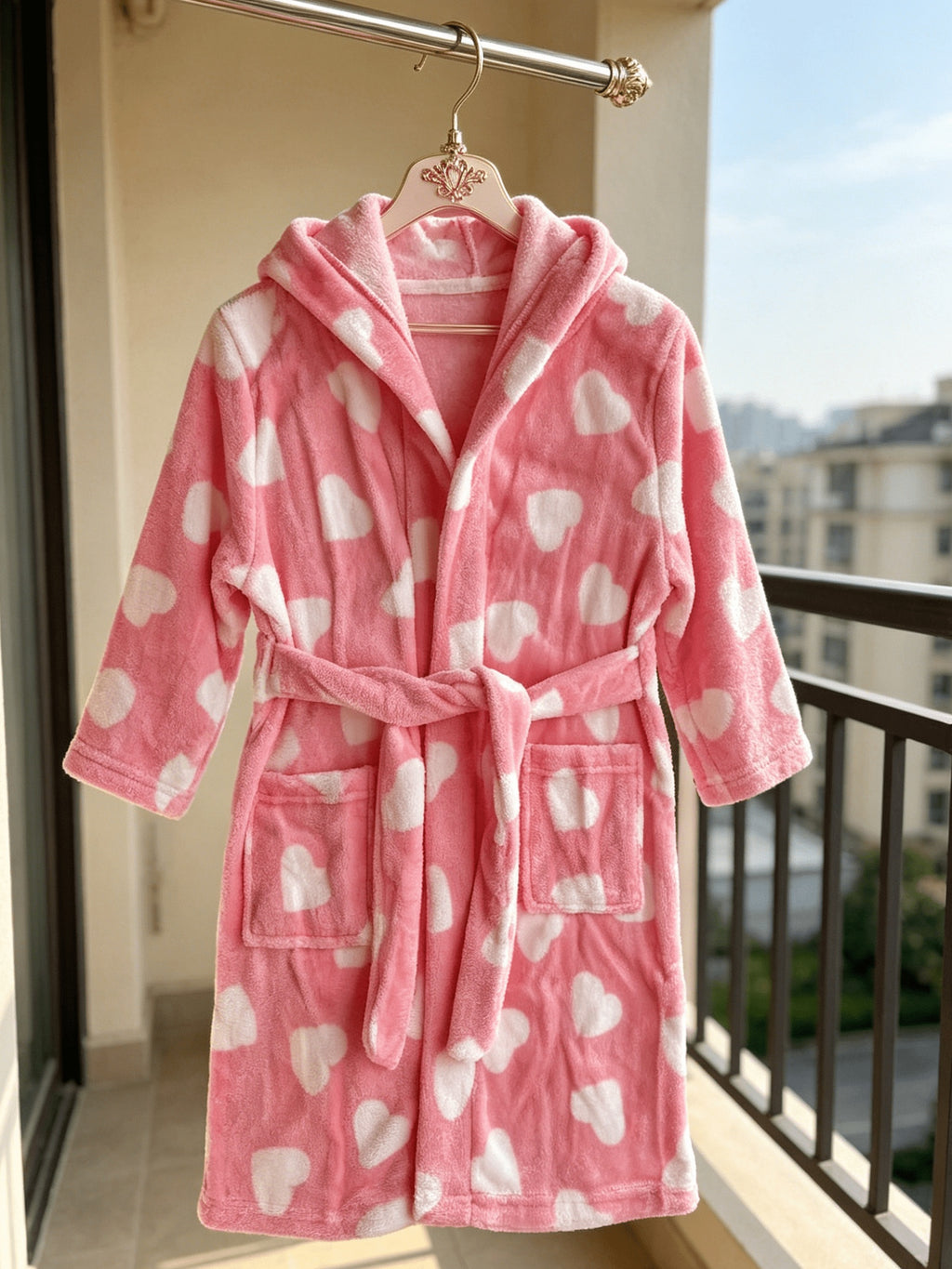 Baby pink hooded fleece bathrobe