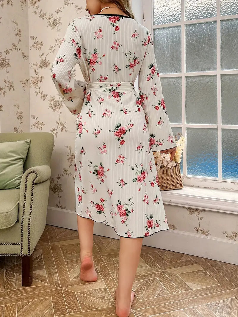 Women's floral kimono robe with trim