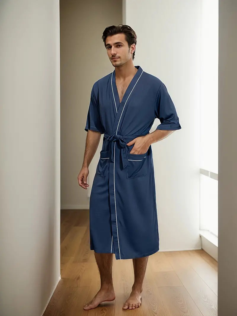 Men's long navy kimono robe, plus size