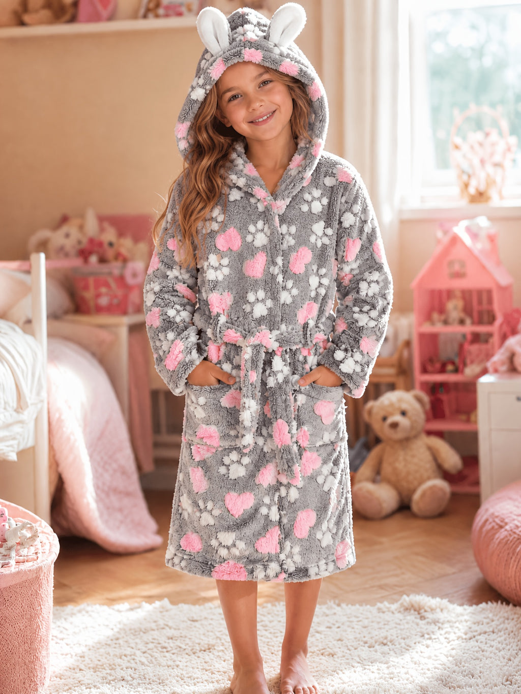 Girls' grey heart print hooded fleece dressing gown
