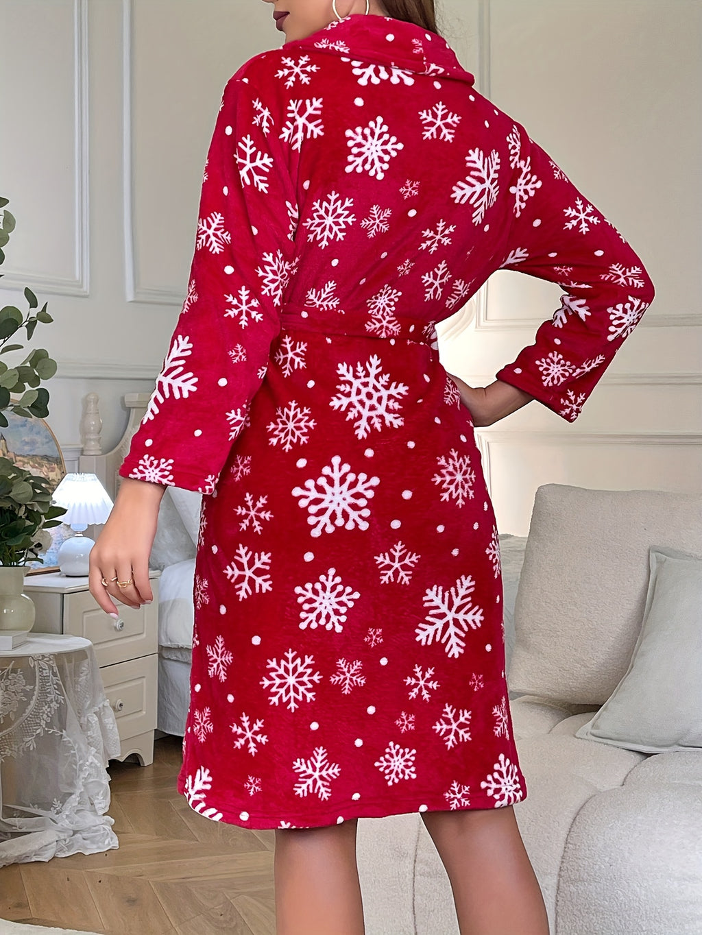 Women's plus size red snowflake flannel dressing gown