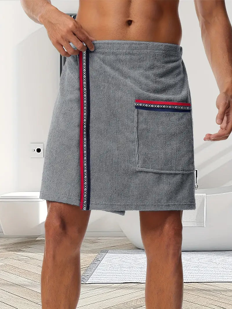 Men's short grey microfibre towel robe — White