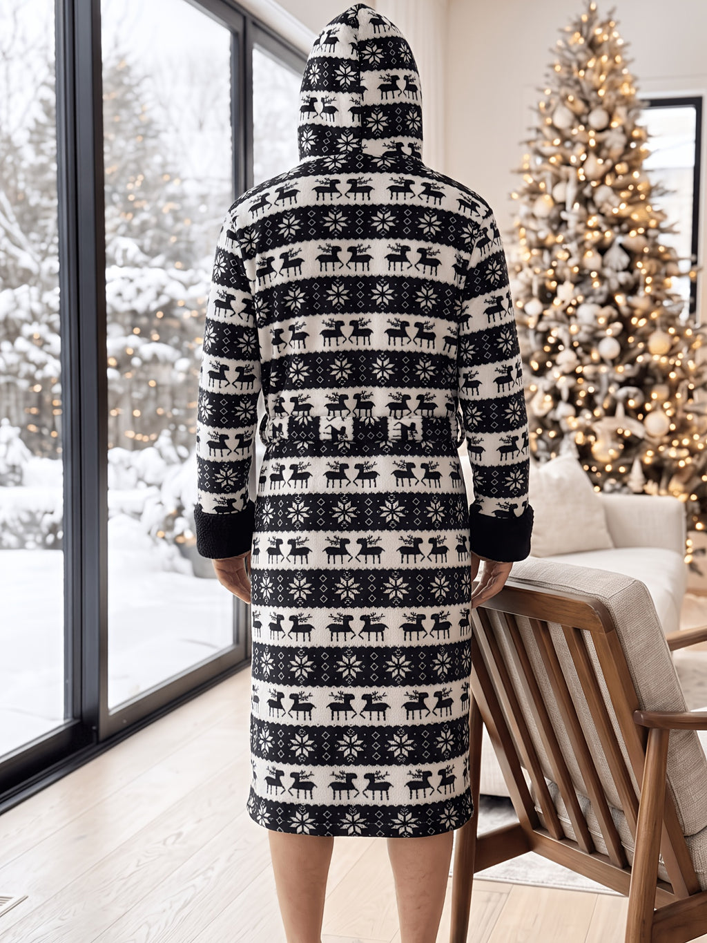 Men's black Fair Isle hooded Christmas dressing gown