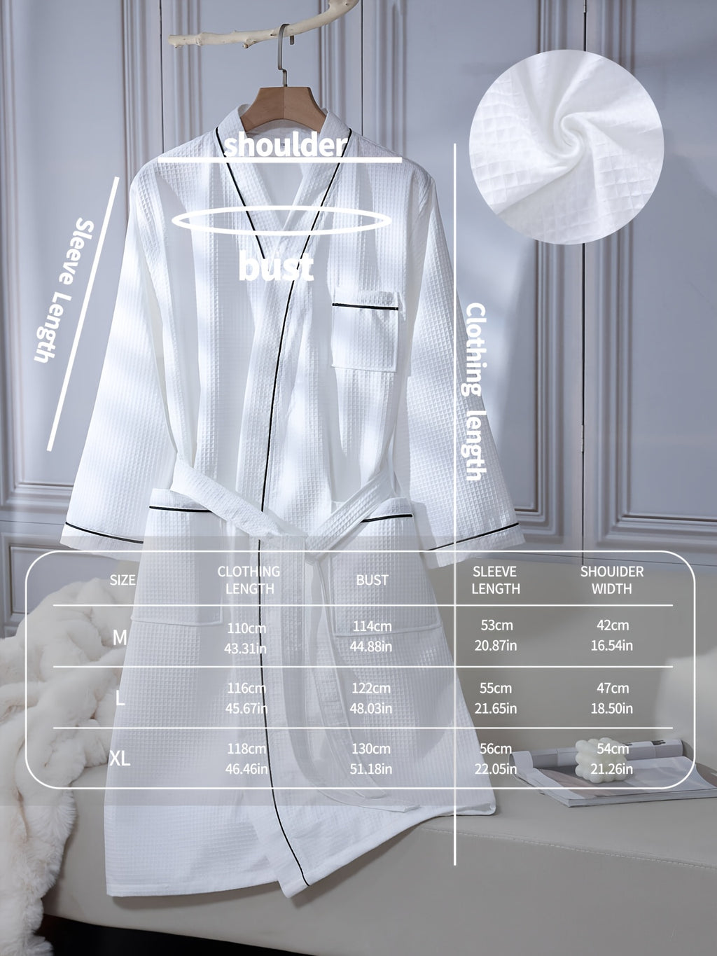 Unisex white long waffle bathrobe with pockets