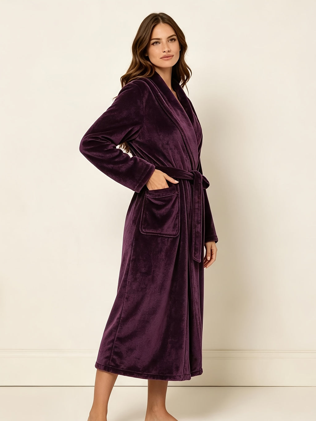 Women's plum flannel long dressing gown