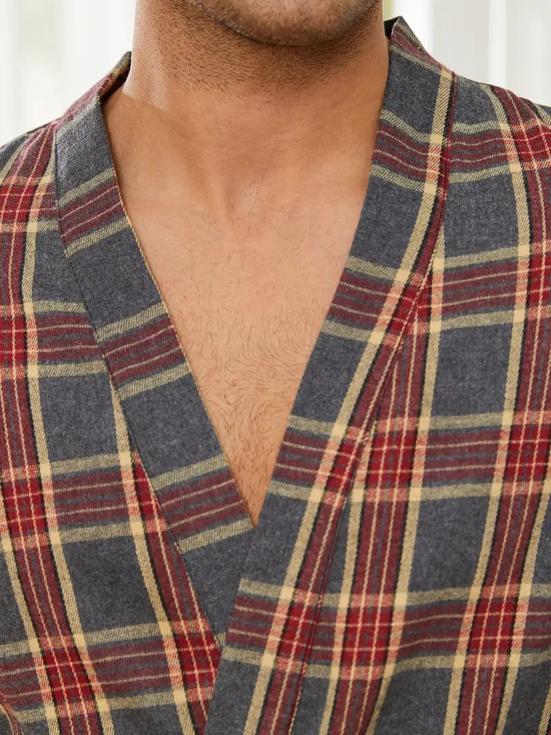 Men's long checked cotton kimono robe