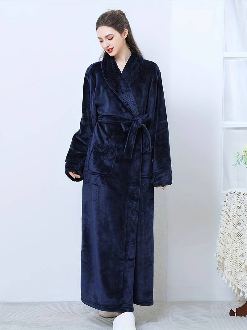 Women's long fleece dressing gown, plain — Blue
