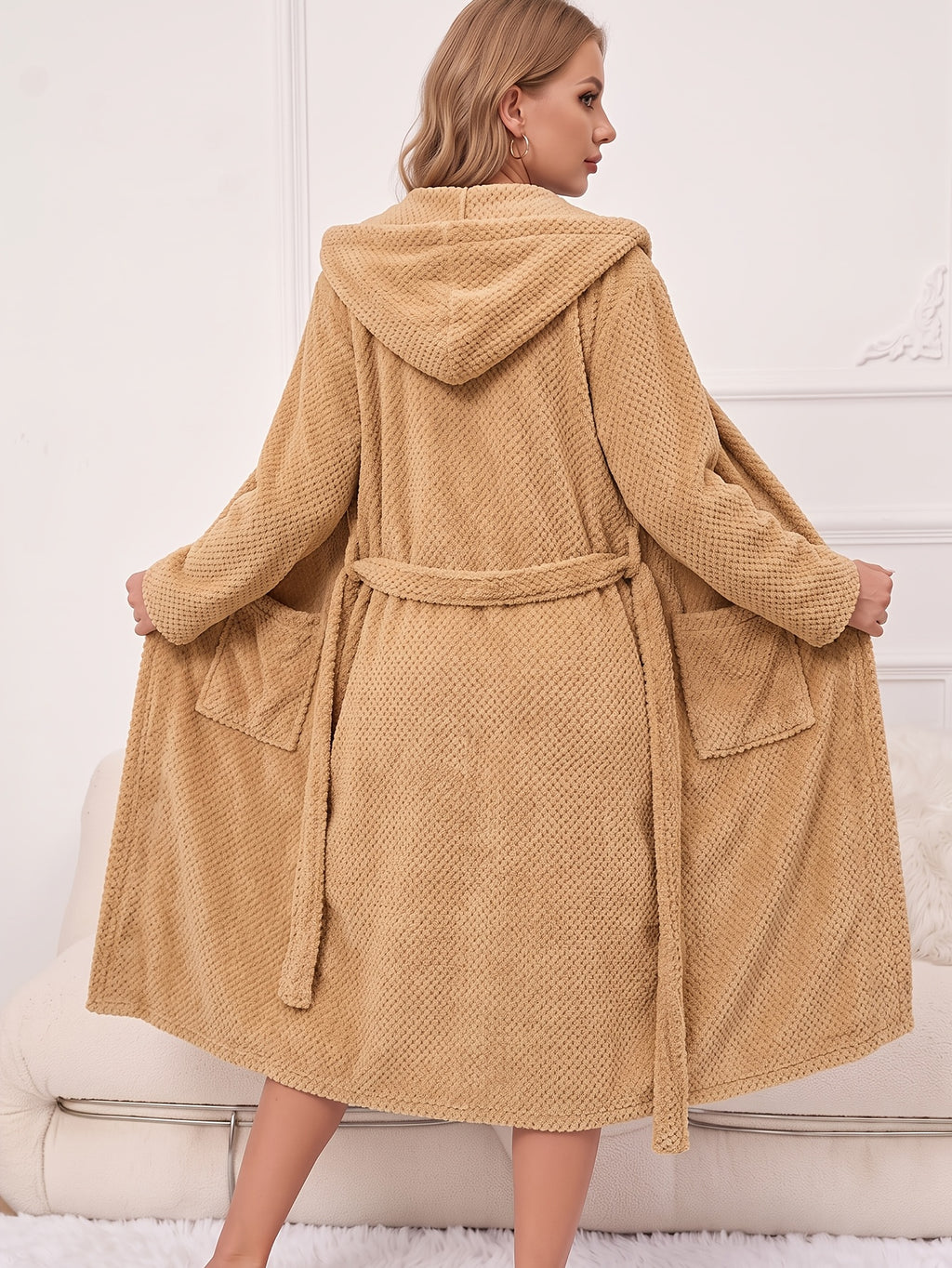 Women's long hooded tartan bathrobe