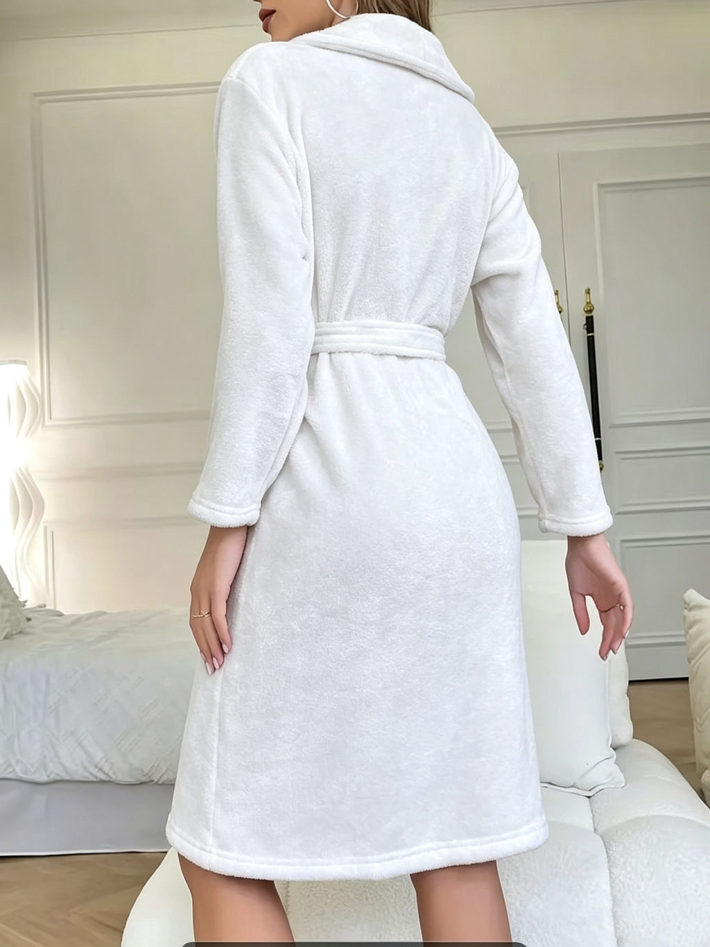 Women's white long flannel bathrobe