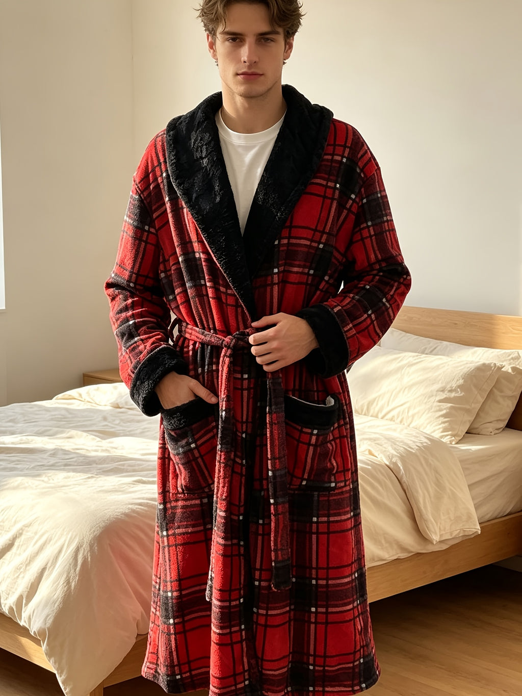 Men's red plaid coral fleece dressing gown