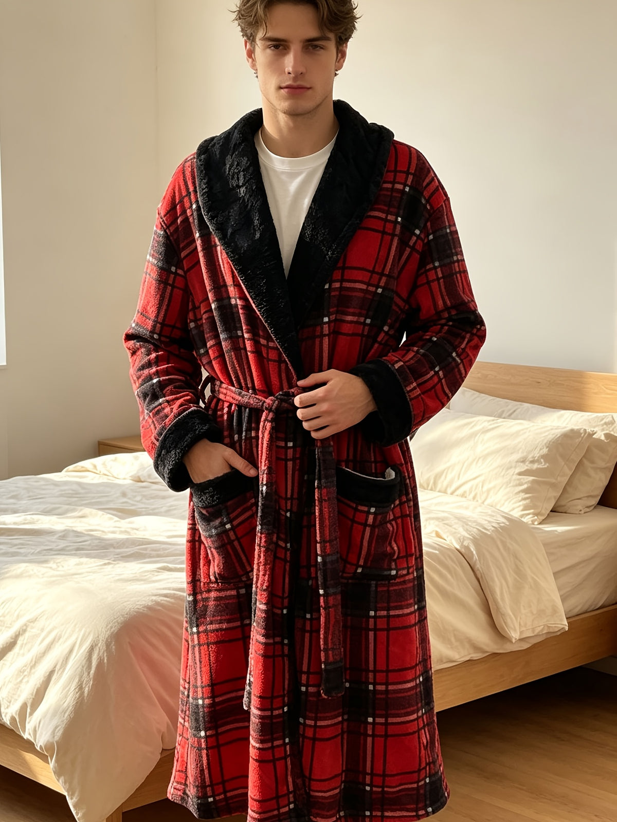 Men's red plaid coral fleece dressing gown