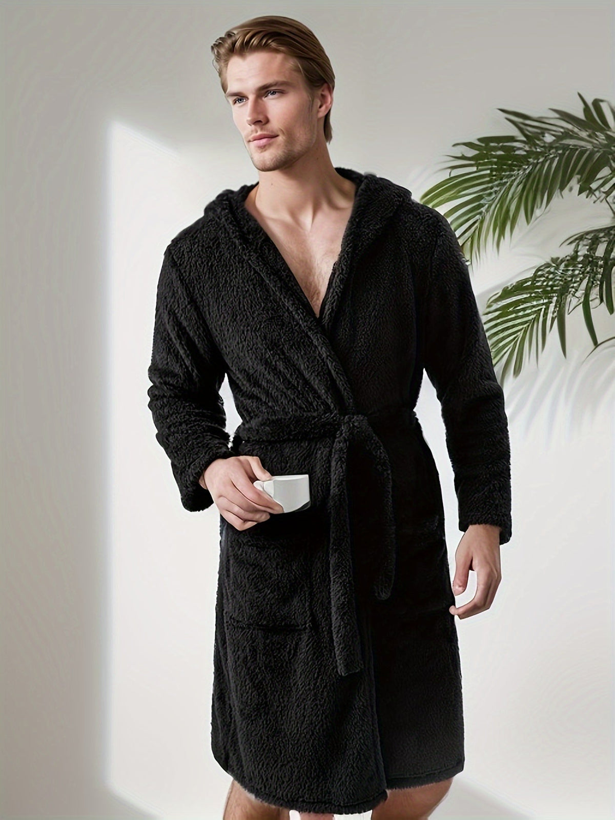 Men's short hooded towelling bathrobe