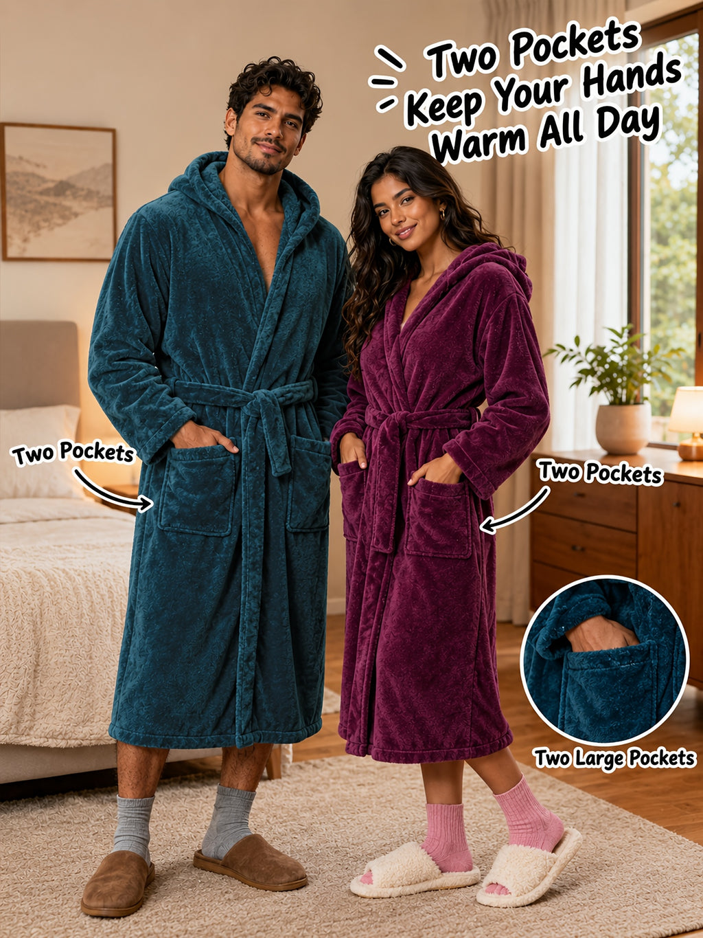 Unisex long hooded fleece bathrobe