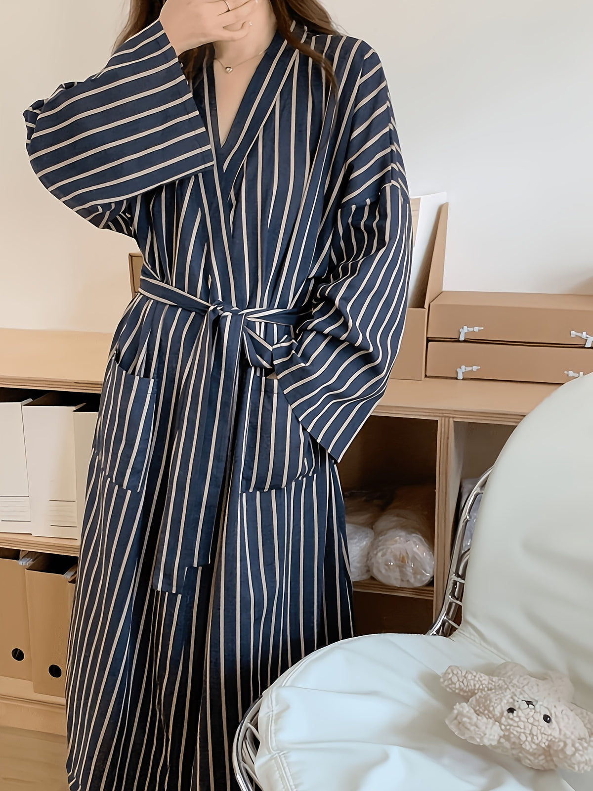 Women's navy striped satin dressing gown