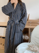 Women's navy striped satin dressing gown